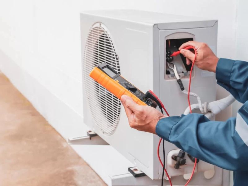 Technician testing an outdoor air conditioner
